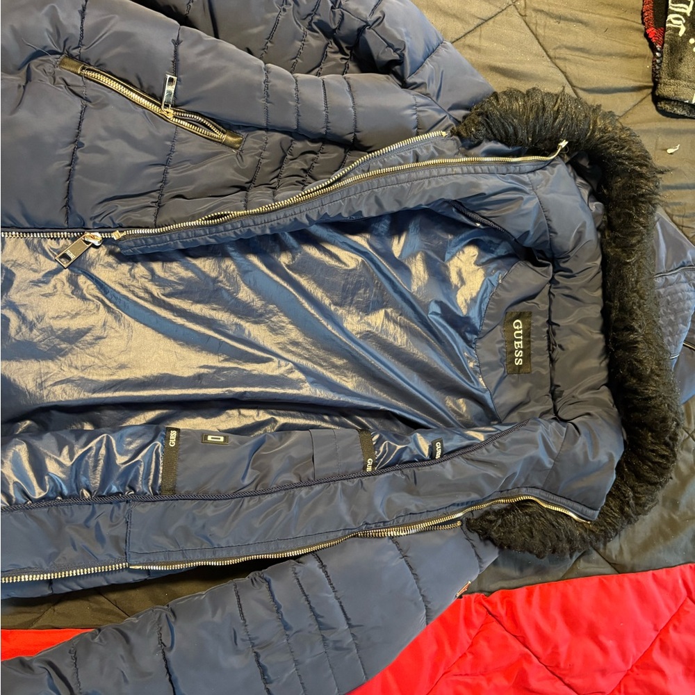 GUESS Navy Puffer Jacket with Faux Fur Trim